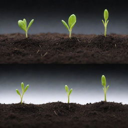 A time-lapse sequence showcasing the process of a seed sprouting, growing roots and a shoot, unfolding its first leaves. Spotlight on the moment of germination happening on a nutrient rich soil under optimal light and moisture.