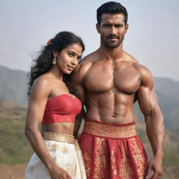 A muscular man displaying his strength, holding a woman dressed in beautiful traditional attire with ease and respect