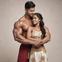 A muscular man displaying his strength, holding a woman dressed in beautiful traditional attire with ease and respect