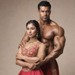 A muscular man displaying his strength, holding a woman dressed in beautiful traditional attire with ease and respect