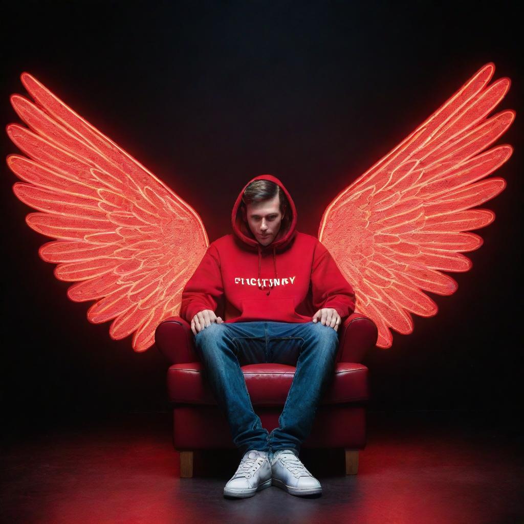 Create a 3D illusion of a 25-year-old man in a red hoodie and white sneakers, sitting casually on a wingback chair. He is facing forward, with large red neon lights spelling 'Sunny' in the dark background. Angel wings appear from his back.