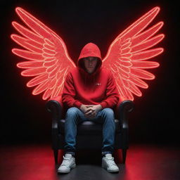 Create a 3D illusion of a 25-year-old man in a red hoodie and white sneakers, sitting casually on a wingback chair. He is facing forward, with large red neon lights spelling 'Sunny' in the dark background. Angel wings appear from his back.