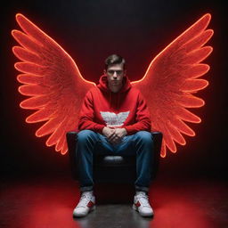 Create a 3D illusion of a 25-year-old man in a red hoodie and white sneakers, sitting casually on a wingback chair. He is facing forward, with large red neon lights spelling 'Sunny' in the dark background. Angel wings appear from his back.