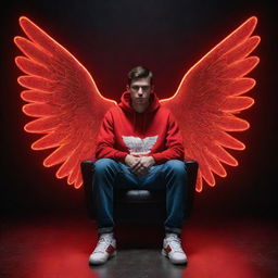 Create a 3D illusion of a 25-year-old man in a red hoodie and white sneakers, sitting casually on a wingback chair. He is facing forward, with large red neon lights spelling 'Sunny' in the dark background. Angel wings appear from his back.