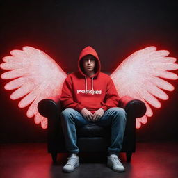 Create a 3D illusion of a 25-year-old man in a red hoodie and white sneakers, sitting casually on a wingback chair. He is facing forward, with large red neon lights spelling 'Sunny' in the dark background. Angel wings appear from his back.