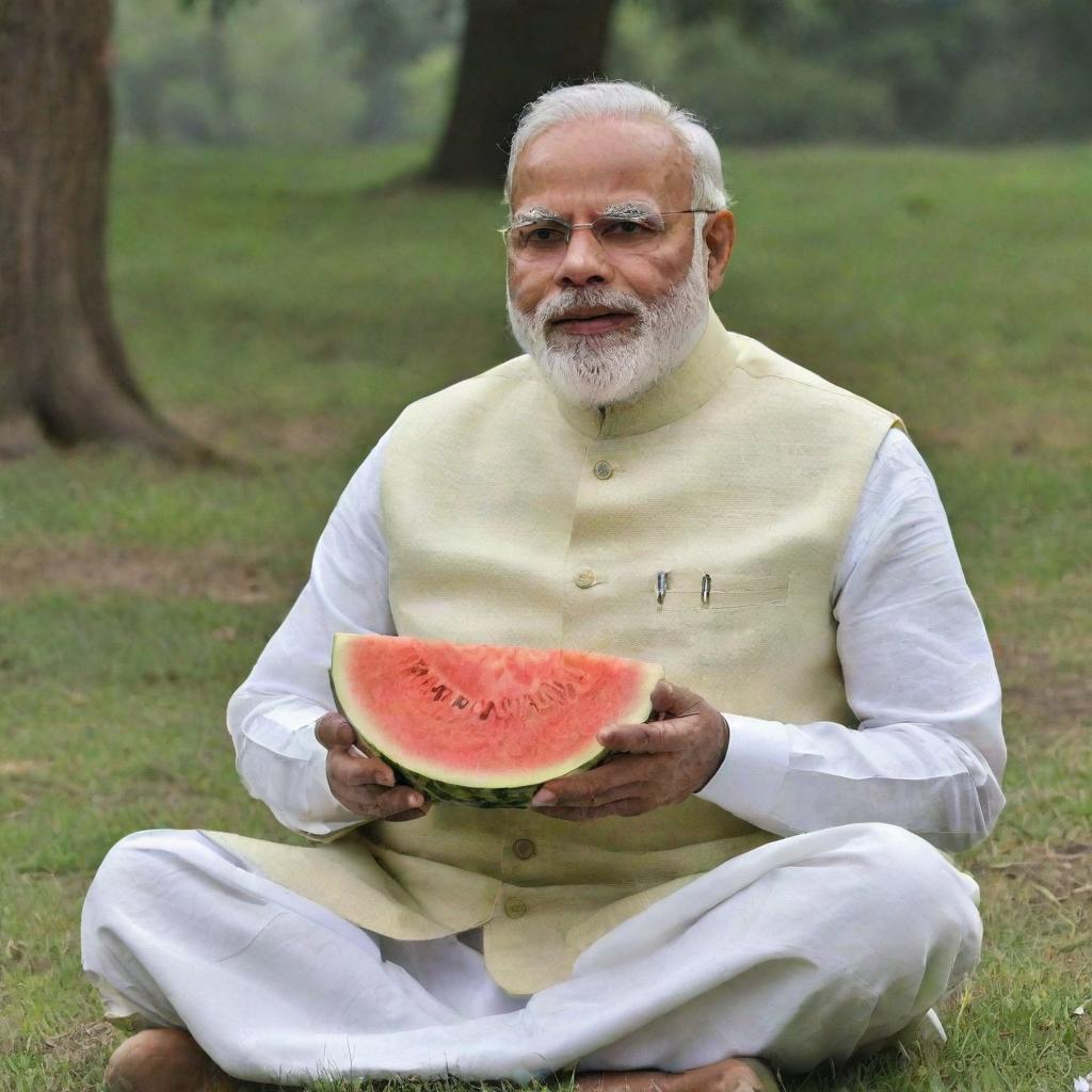 Prime Minister Narendra Modi peacefully sitting and holding a ripe, bright melon in a tranquil park setting