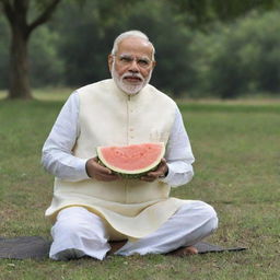 Prime Minister Narendra Modi peacefully sitting and holding a ripe, bright melon in a tranquil park setting