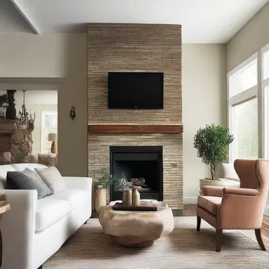 The living room redesign includes an episode with a fireplace as the focal point.