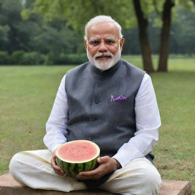 Prime Minister Narendra Modi peacefully sitting and holding a ripe, bright melon in a tranquil park setting