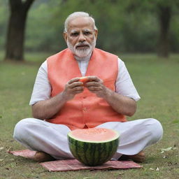 Prime Minister Narendra Modi peacefully sitting and holding a ripe, bright melon in a tranquil park setting