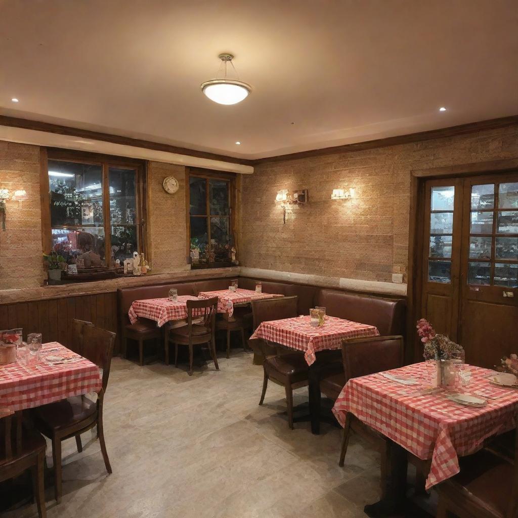 Cosy family restaurant with warm lighting, comfortable seating, checkered table cloths, delicious food on the tables, and lively customers having a good time.