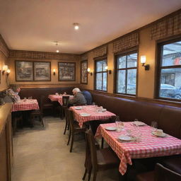 Cosy family restaurant with warm lighting, comfortable seating, checkered table cloths, delicious food on the tables, and lively customers having a good time.