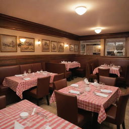 Cosy family restaurant with warm lighting, comfortable seating, checkered table cloths, delicious food on the tables, and lively customers having a good time.