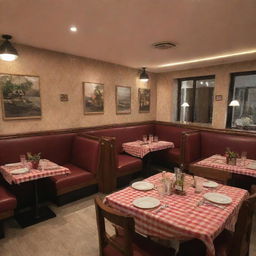 Cosy family restaurant with warm lighting, comfortable seating, checkered table cloths, delicious food on the tables, and lively customers having a good time.