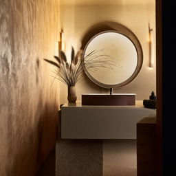 Architecturally styled photography showcasing a bathroom vanity against a Venetian plaster wall, with pampas grass in a pot, well-lit ambiance.