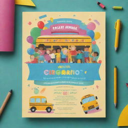 A brightly colored play school annual day invitation featuring playful typography, children playing, and cartoon school elements like crayons, books, and a school bus on a sunny day background.