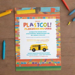 A brightly colored play school annual day invitation featuring playful typography, children playing, and cartoon school elements like crayons, books, and a school bus on a sunny day background.