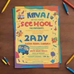 A brightly colored play school annual day invitation featuring playful typography, children playing, and cartoon school elements like crayons, books, and a school bus on a sunny day background.