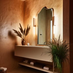 Architecturally styled photography showcasing a bathroom vanity against a Venetian plaster wall, with pampas grass in a pot, well-lit ambiance.