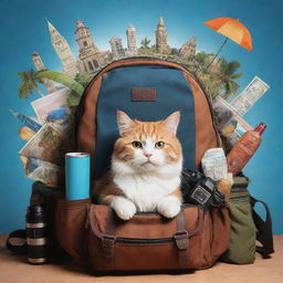 A travel-themed image featuring a lapcat comfortably nestled inside a traveler's backpack, with various travel-related items and exotic locations in the backdrop.