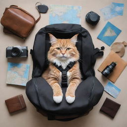 A travel-themed image featuring a lapcat comfortably nestled inside a traveler's backpack, with various travel-related items and exotic locations in the backdrop.