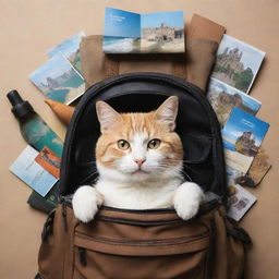 A travel-themed image featuring a lapcat comfortably nestled inside a traveler's backpack, with various travel-related items and exotic locations in the backdrop.