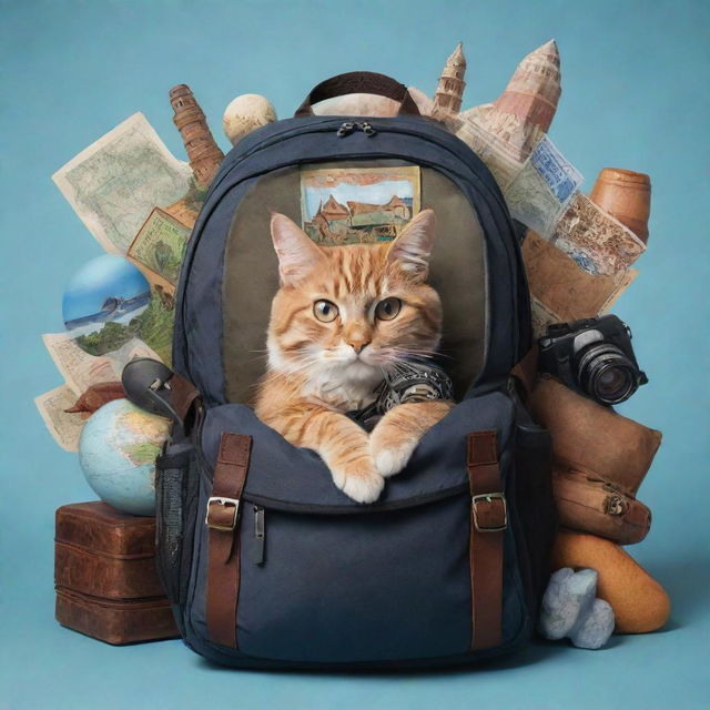 A travel-themed image featuring a lapcat comfortably nestled inside a traveler's backpack, with various travel-related items and exotic locations in the backdrop.