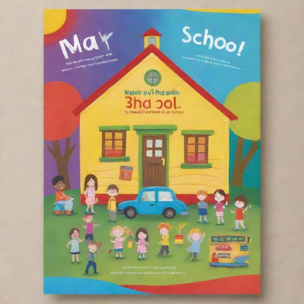 A poster-size play school annual day invitation featuring cheerful, vibrant colors, playful, joyful elements such as children playing, miniature schoolhouse, bus, crayons, and books centered around a large, creative font inviting people to the event.