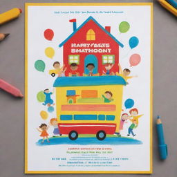 A poster-size play school annual day invitation featuring cheerful, vibrant colors, playful, joyful elements such as children playing, miniature schoolhouse, bus, crayons, and books centered around a large, creative font inviting people to the event.