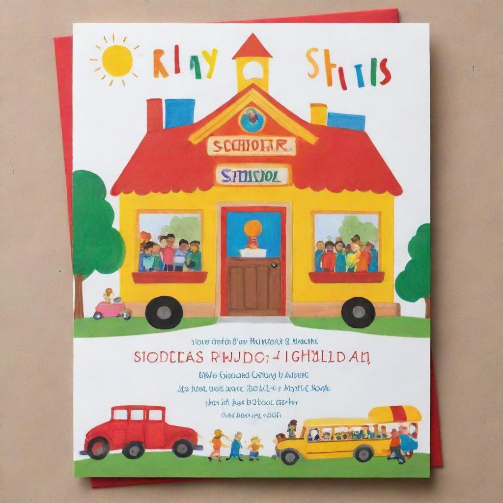 A poster-size play school annual day invitation featuring cheerful, vibrant colors, playful, joyful elements such as children playing, miniature schoolhouse, bus, crayons, and books centered around a large, creative font inviting people to the event.