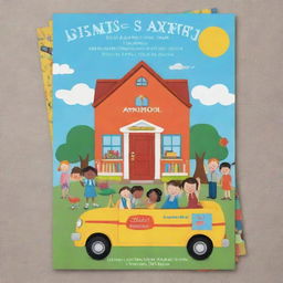 A poster-size play school annual day invitation featuring cheerful, vibrant colors, playful, joyful elements such as children playing, miniature schoolhouse, bus, crayons, and books centered around a large, creative font inviting people to the event.