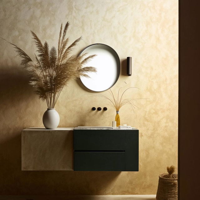 Architecturally styled photography showcasing a bathroom vanity against a Venetian plaster wall, with pampas grass in a pot, well-lit ambiance.