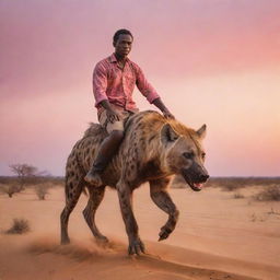 A daring man confidently riding a hyena over a sandy savanna, under a sunset sky painted with orange and pink hues.