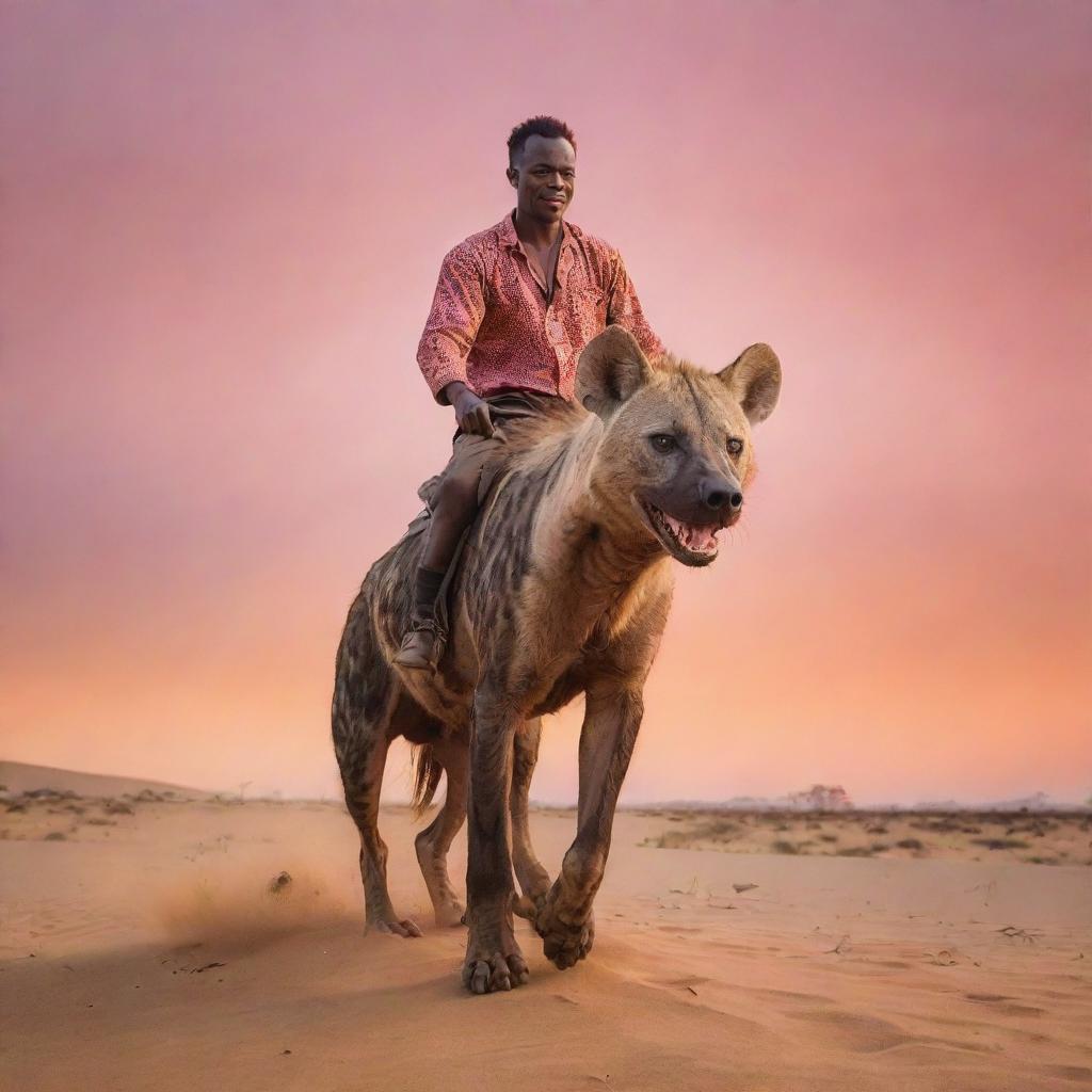 A daring man confidently riding a hyena over a sandy savanna, under a sunset sky painted with orange and pink hues.