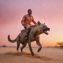 A daring man confidently riding a hyena over a sandy savanna, under a sunset sky painted with orange and pink hues.