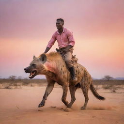 A daring man confidently riding a hyena over a sandy savanna, under a sunset sky painted with orange and pink hues.