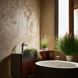 Architecturally styled photography showcasing a bathroom vanity against a Venetian plaster wall, with pampas grass in a pot, well-lit ambiance.