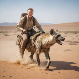 A white man, dressed in explorer's attire, bravely riding a robust hyena across a sun-dried desert landscape.