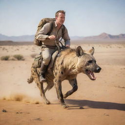 A white man, dressed in explorer's attire, bravely riding a robust hyena across a sun-dried desert landscape.