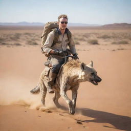 A white man, dressed in explorer's attire, bravely riding a robust hyena across a sun-dried desert landscape.