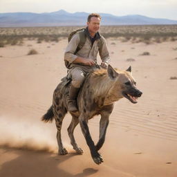 A white man, dressed in explorer's attire, bravely riding a robust hyena across a sun-dried desert landscape.