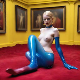 An ultrarealistic professional photograph taken with a Nikon camera, featuring a woman in blue transparent latex stockings and a transparent dress