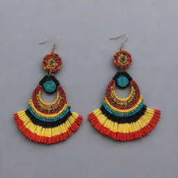 Create a vibrantly colored array of culturally rich African earrings, displaying diverse designs, colors, and materials reflecting African heritage.