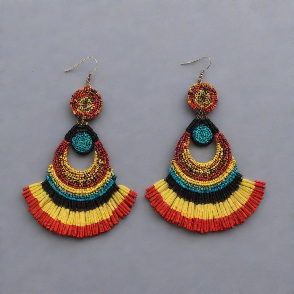 Create a vibrantly colored array of culturally rich African earrings, displaying diverse designs, colors, and materials reflecting African heritage.