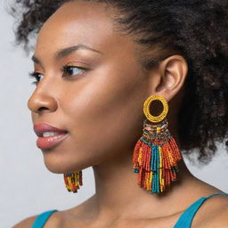 Create a vibrantly colored array of culturally rich African earrings, displaying diverse designs, colors, and materials reflecting African heritage.