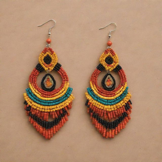 Create a vibrantly colored array of culturally rich African earrings, displaying diverse designs, colors, and materials reflecting African heritage.