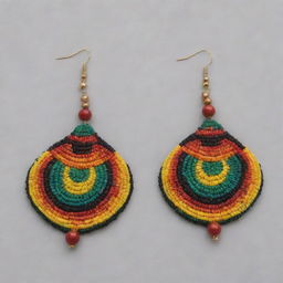 Create a vibrantly colored array of culturally rich African earrings, displaying diverse designs, colors, and materials reflecting African heritage.