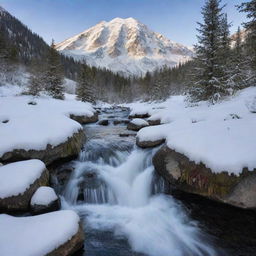 A pristine snow-covered mountain with snow gradually melting, trickling down into a serene stream below.