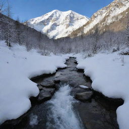 A pristine snow-covered mountain with snow gradually melting, trickling down into a serene stream below.