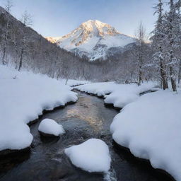 A pristine snow-covered mountain with snow gradually melting, trickling down into a serene stream below.